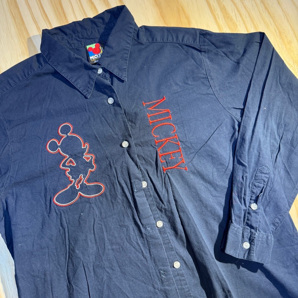 Mickey Unlimited Women's Jerry Leigh Embroidered Button Up Shirt Navy Size Large